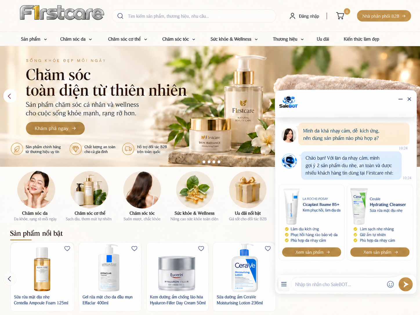 Popup SaleBOT tư vấn khách trên website Firstcare và gợi ý sản phẩm chăm sóc cá nhân